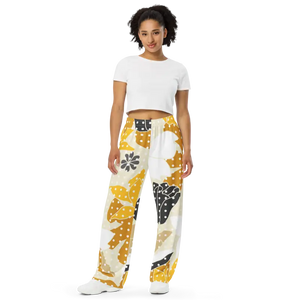Wide Leg Pants Yellow Flowers Floral Print Style - Dipaliz - Xs