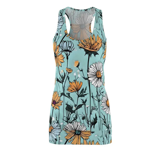 Unleash Elegance in a Teal Racerback Dress with Yellow Flowers - All Over Prints