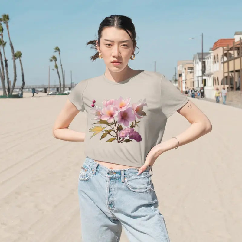 Floral Flair Crop Tee Pink Flowers Add Vibrant Style - T-shirt