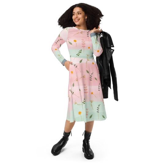 Floral Long Sleeve Midi Dress To Flare Up Your Fashion Game - Dresses
