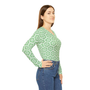 Floral Geometric V‑neck Long Sleeve, Pastel Green Patterned Women’s Top - T-shirts