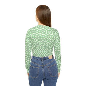 Floral Geometric V‑neck Long Sleeve, Pastel Green Patterned Women’s Top - T-shirts