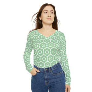 Floral Geometric V‑neck Long Sleeve, Pastel Green Patterned Women’s Top - T-shirts