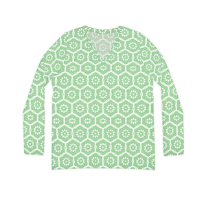 Floral Geometric V‑neck Long Sleeve, Pastel Green Patterned Women’s Top - T-shirts