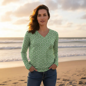 Floral Geometric V‑neck Long Sleeve, Pastel Green Patterned Women’s Top - T-shirts
