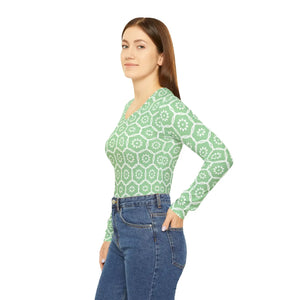 Floral Geometric V‑neck Long Sleeve, Pastel Green Patterned Women’s Top - T-shirts