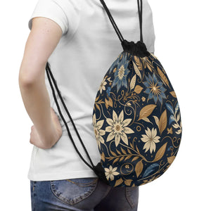 Navy Blue Outdoor Drawstring Bag - Floral Gold Canvas - Dipaliz - Backpacks
