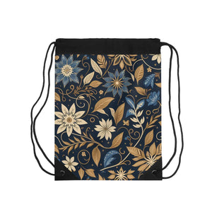 Navy Blue Outdoor Drawstring Bag - Floral Gold Canvas - Dipaliz - Backpacks