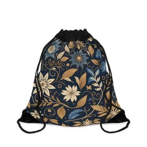 Navy Blue Outdoor Drawstring Bag - Floral Gold Canvas - Dipaliz - Backpacks