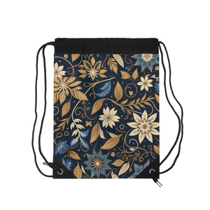Navy Blue Outdoor Drawstring Bag - Floral Gold Canvas - Dipaliz - Backpacks