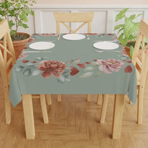 Home Decor - Floral Heart Wreath Tablecloth - Sage Green Vintage Rose - Dipaliz one Size / White