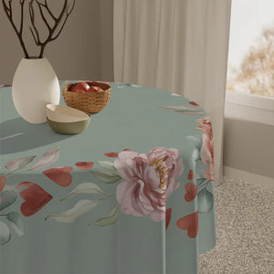 Home Decor - Floral Heart Wreath Tablecloth - Sage Green Vintage Rose - Dipaliz one Size / White
