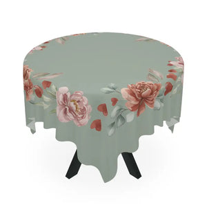 Home Decor - Floral Heart Wreath Tablecloth - Sage Green Vintage Rose - Dipaliz one Size / White