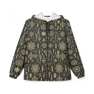 Floral Line Art Black Windbreaker Jacket Polyester - Dipaliz - Windbreakers