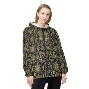 Floral Line Art Black Windbreaker Jacket Polyester - Dipaliz - Windbreakers