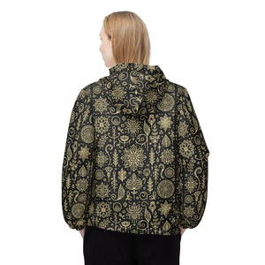 Floral Line Art Black Windbreaker Jacket Polyester - Dipaliz - Windbreakers