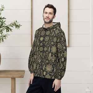 Floral Line Art Black Windbreaker Jacket Polyester - Dipaliz - Windbreakers