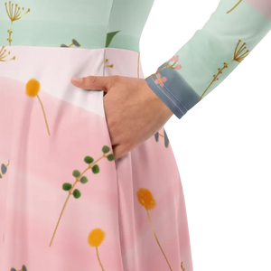 Pink and Green Floral Dress Long Sleeve Midi Style by Dipaliz - Dresses