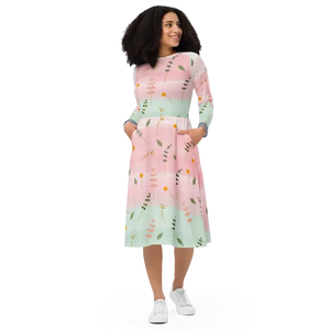 Pink and Green Floral Dress Long Sleeve Midi Style by Dipaliz - Dresses