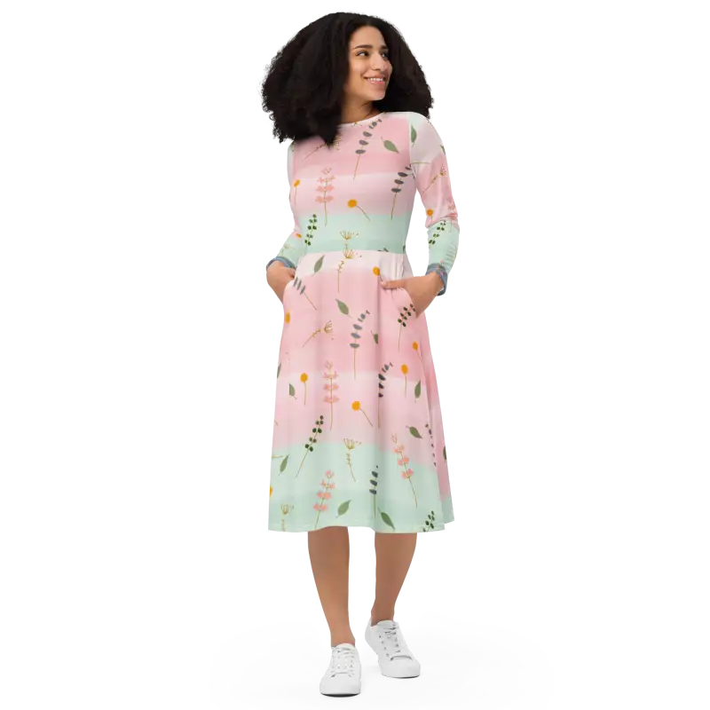 Elevate your Style with this Pink and Green Floral Midi Dress - Dresses