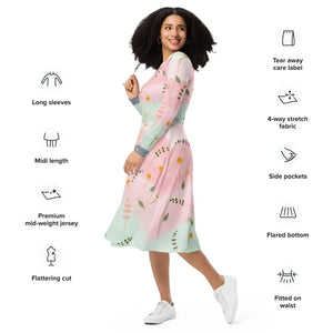 Pink and Green Floral Dress Long Sleeve Midi Style by Dipaliz - Dresses