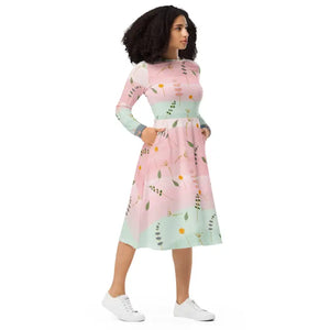 Pink and Green Floral Dress Long Sleeve Midi Style by Dipaliz - Dresses