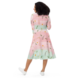 Pink and Green Floral Dress Long Sleeve Midi Style by Dipaliz - Dresses