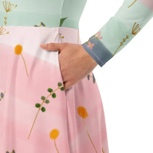 Pink and Green Floral Dress Long Sleeve Midi Style by Dipaliz - Dresses