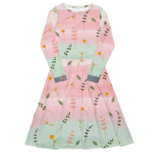 Pink and Green Floral Dress Long Sleeve Midi Style by Dipaliz - Dresses