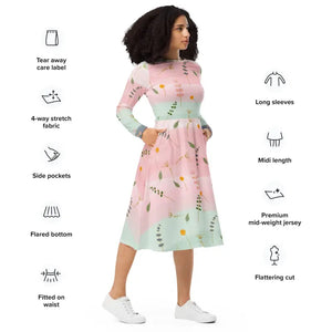 Pink and Green Floral Dress Long Sleeve Midi Style by Dipaliz - Dresses