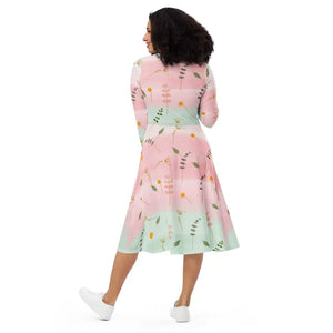 Pink and Green Floral Dress Long Sleeve Midi Style by Dipaliz - Dresses