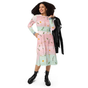 Pink and Green Floral Dress Long Sleeve Midi Style by Dipaliz - Xs - Dresses