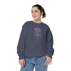 Floral Outline Sweatshirt - Minimal Peony Graphic Garment-dyed Crew - Sweatshirts - m