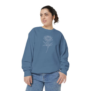 Floral Outline Sweatshirt - Minimal Peony Graphic Garment-dyed Crew - Sweatshirts - m