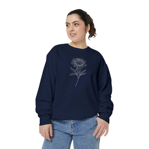 Floral Outline Sweatshirt - Minimal Peony Graphic Garment-dyed Crew - Sweatshirts - m