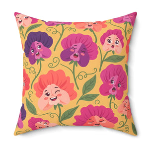 Floral Pansy Face Decorative Pillow, Cheerful Yellow Botanical Throw - Pillows