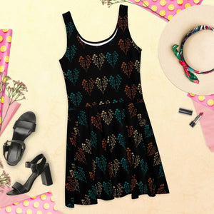Floral Black Skater Dress – Stretchy Party Wear - Dipaliz - Dresses - Xs