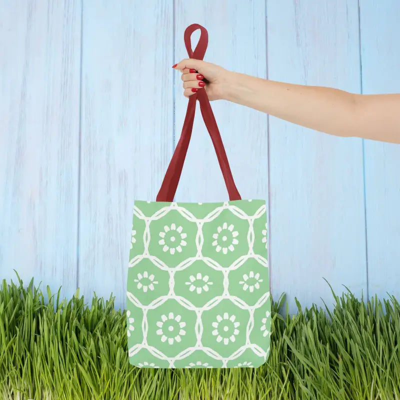 Floral Pattern on Green Aop Tote Bag - 13’’ × / Red Bags