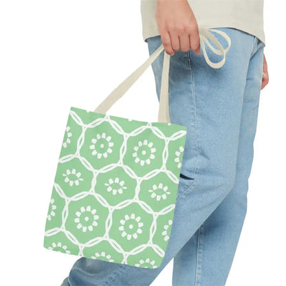 Floral Pattern on Green Aop Tote Bag - Bags