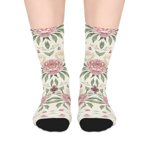 Floral Peony Mid-length Socks, Vintage Rose Botanical Crew