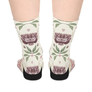 Floral Peony Mid-length Socks, Vintage Rose Botanical Crew