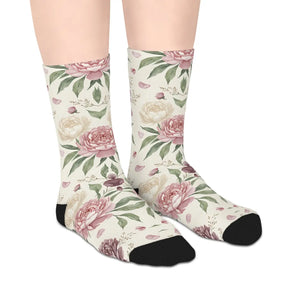 Floral Peony Mid-length Socks, Vintage Rose Botanical Crew