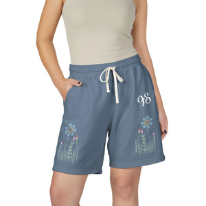 Floral Personalized Monogram Sweat Shorts, Lightweight Fleece Lounge with Blue Wildflower Design