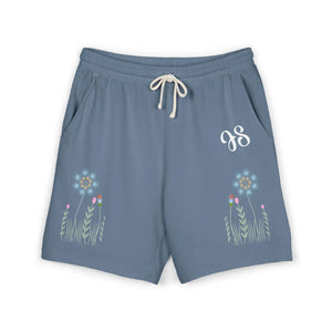 Floral Personalized Monogram Sweat Shorts, Lightweight Fleece Lounge with Blue Wildflower Design