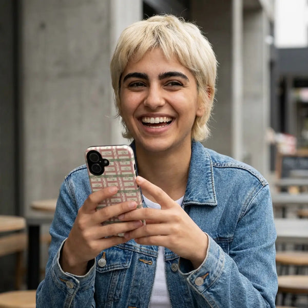 Floral Plaid Tough Phone Case, Pink Green Botanical Grid Iphone Protector - 16 / Glossy