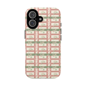 Floral Plaid Tough Phone Case, Pink Green Botanical Grid Iphone Protector - 16 / Matte