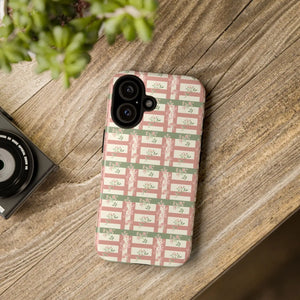 Floral Plaid Tough Phone Case, Pink Green Botanical Grid Iphone Protector