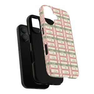 Floral Plaid Tough Phone Case, Pink Green Botanical Grid Iphone Protector