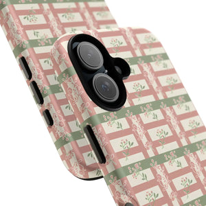 Floral Plaid Tough Phone Case, Pink Green Botanical Grid Iphone Protector