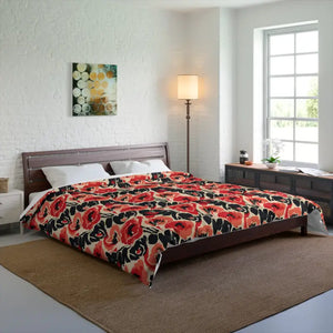 Floral Poppy Comforter - Vintage Red Black Patterned Bedding - Dipaliz - 104’’ × 88’’ - Quilts & Comforters